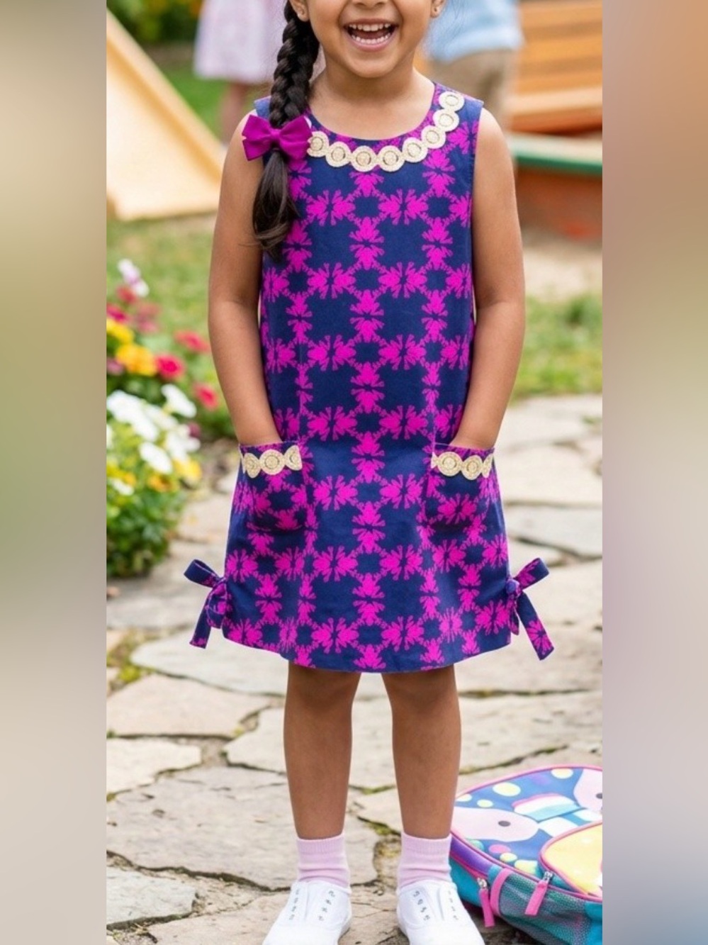 Lilly Pulitzer Navy and Hot Pink Floral Shift Dress with Gold Trim